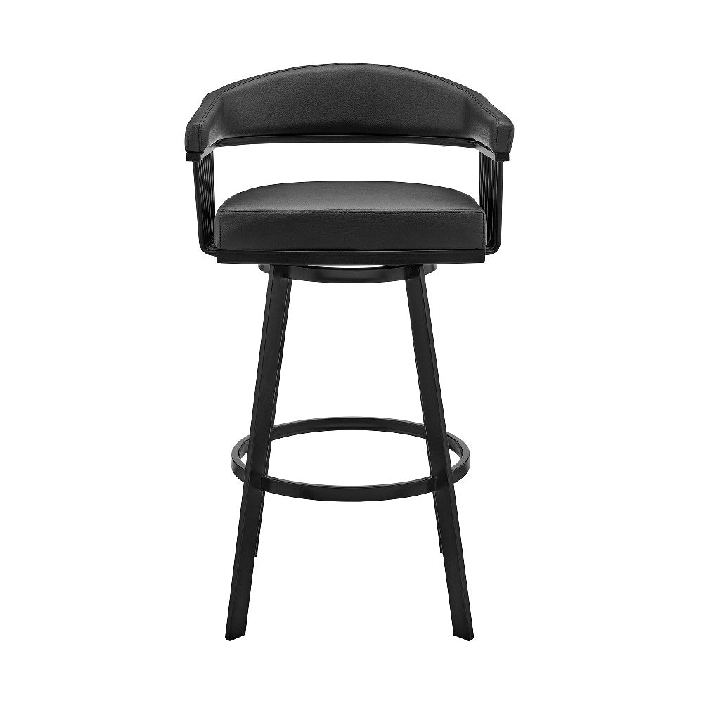 Swivel Barstool with Open Metal Frame and Slatted Arms, Black - BM270138