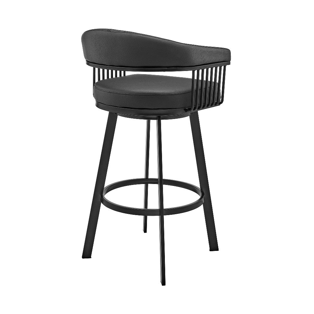 Swivel Barstool with Open Metal Frame and Slatted Arms, Black - BM270138