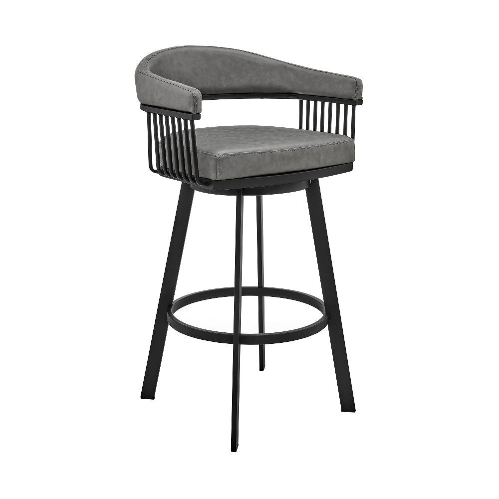 Swivel Barstool with Open Metal Frame and Slatted Arms, Gray and Black - BM270142