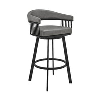 Swivel Barstool with Open Metal Frame and Slatted Arms, Gray and Black - BM270142