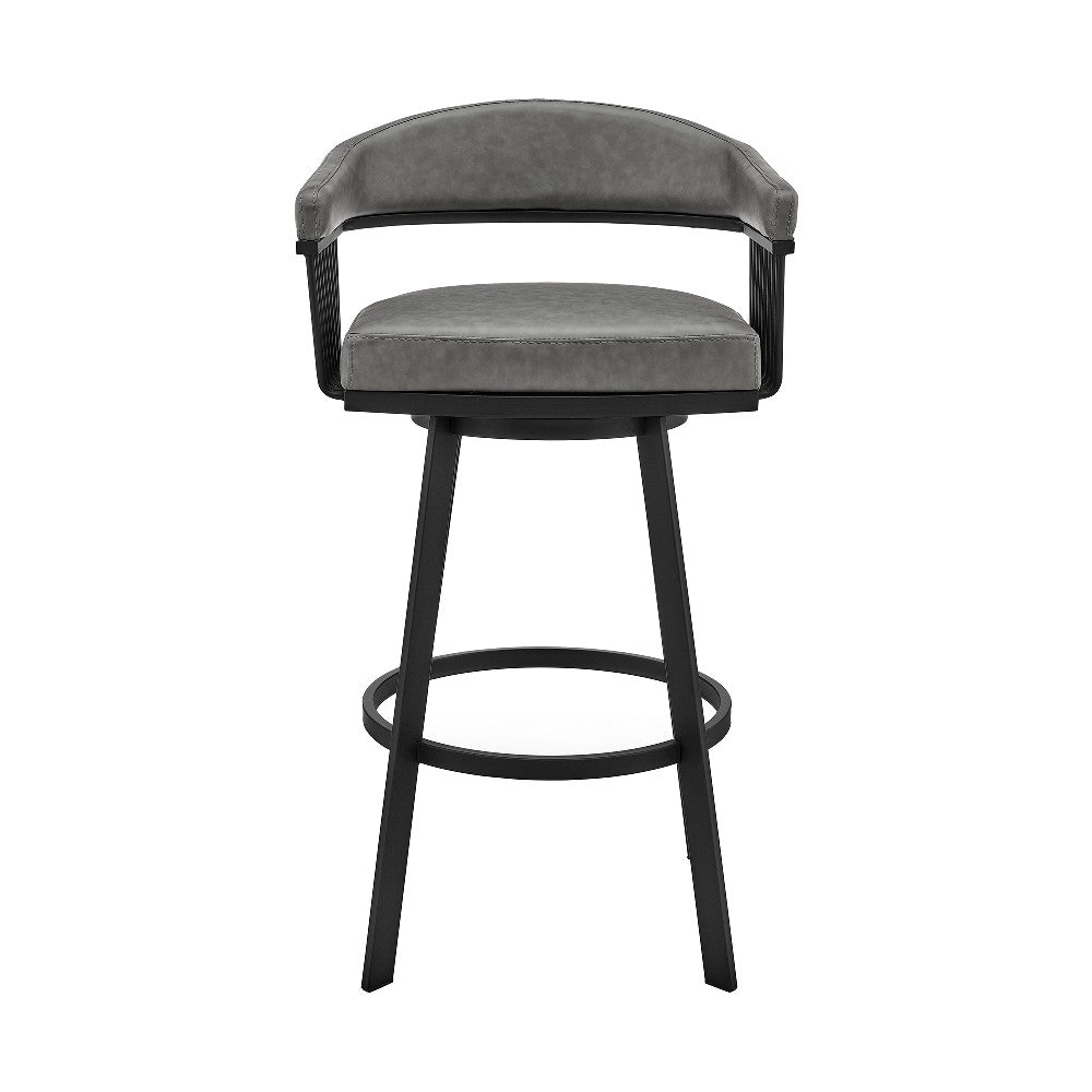 Swivel Barstool with Open Metal Frame and Slatted Arms, Gray and Black - BM270142