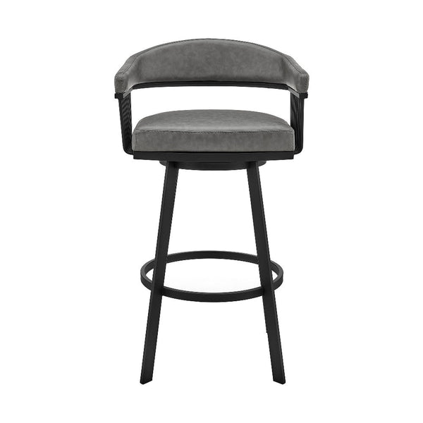 Swivel Barstool with Open Metal Frame and Slatted Arms, Gray and Black - BM270142