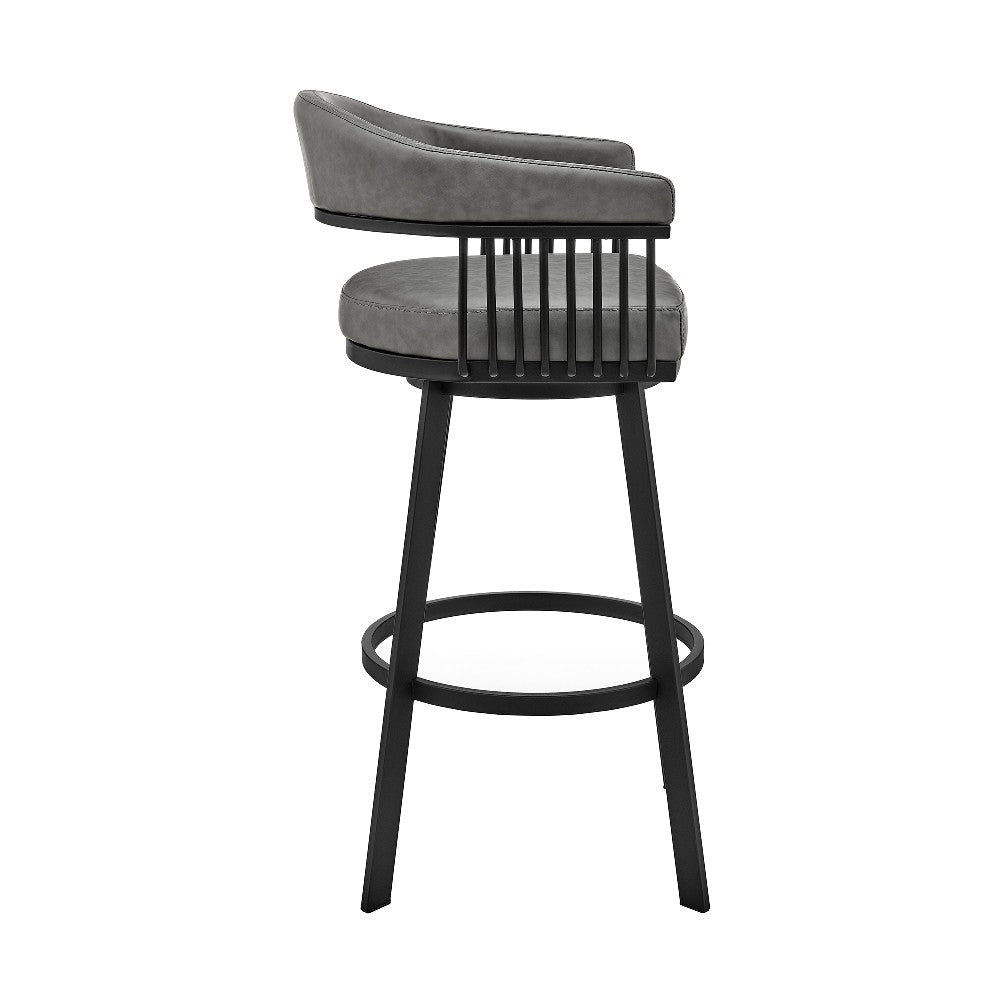 Swivel Barstool with Open Metal Frame and Slatted Arms, Gray and Black - BM270142