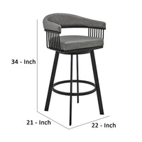 Swivel Barstool with Open Metal Frame and Slatted Arms, Gray and Black - BM270142