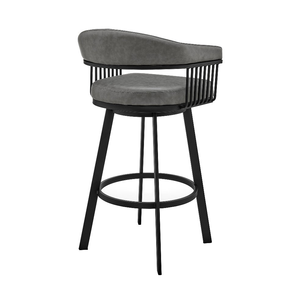 Swivel Barstool with Open Design Metal Frame and Slatted Arms, Gray and Black - BM270143