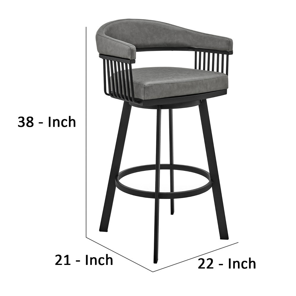 Swivel Barstool with Open Design Metal Frame and Slatted Arms, Gray and Black - BM270143