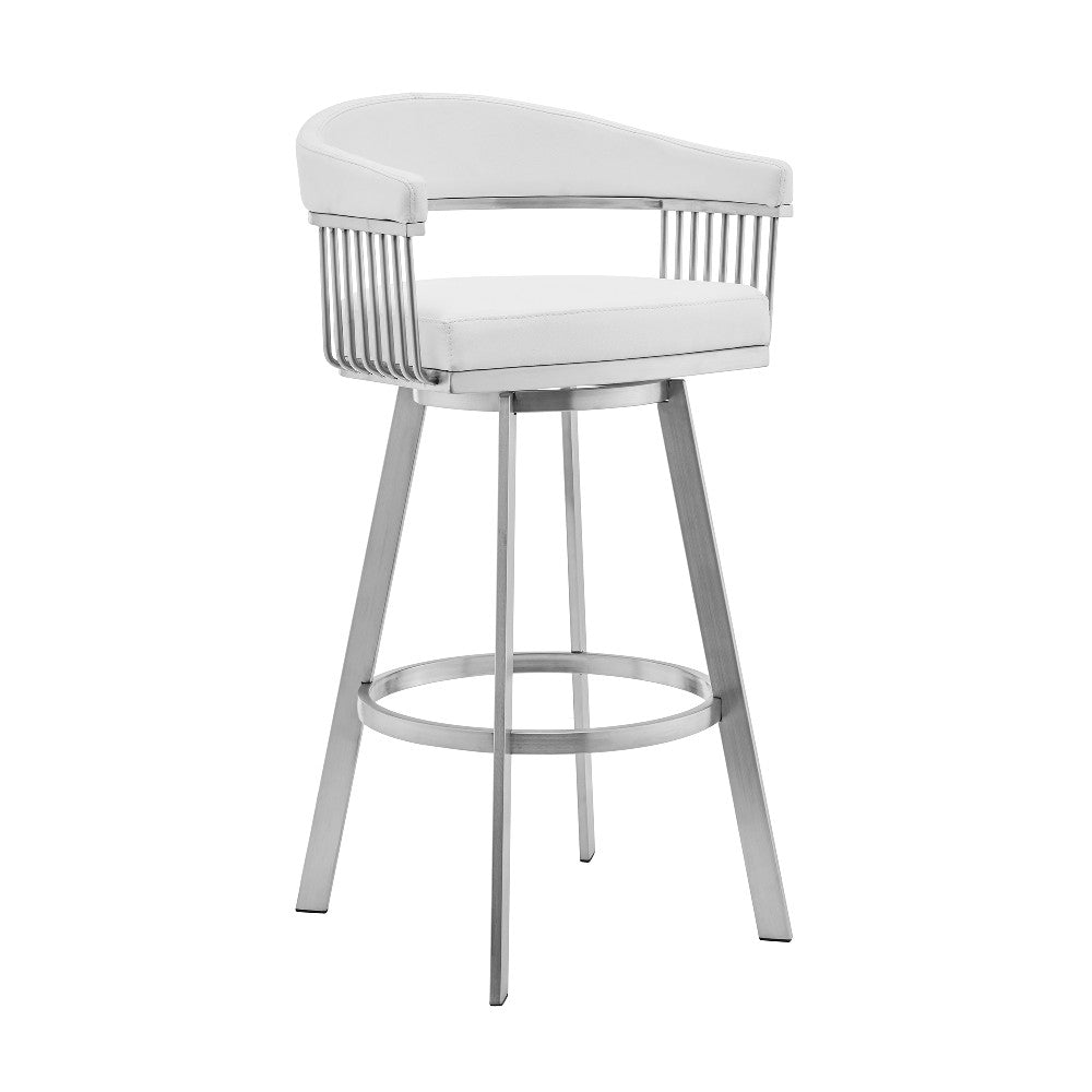 Swivel Barstool with Open Metal Frame and Slatted Arms, White and Silver - BM270144