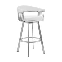 Swivel Barstool with Open Metal Frame and Slatted Arms, White and Silver - BM270144