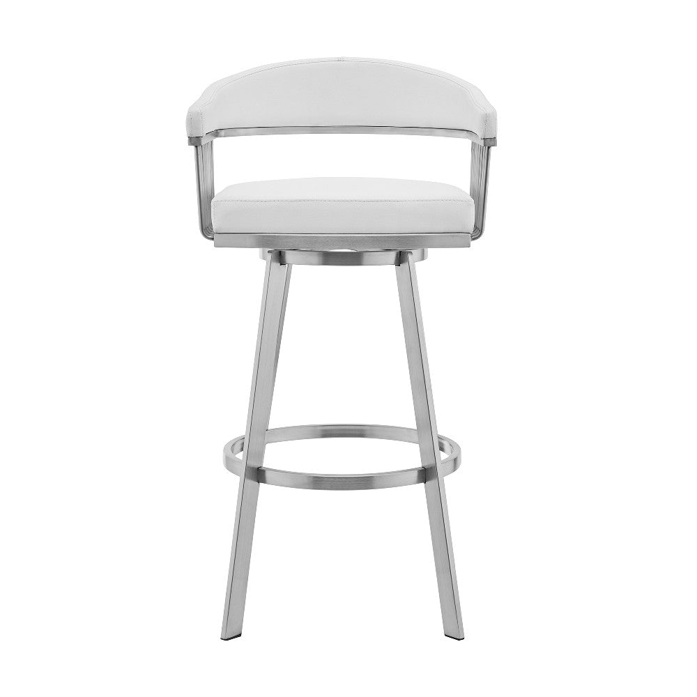 Swivel Barstool with Open Metal Frame and Slatted Arms, White and Silver - BM270144