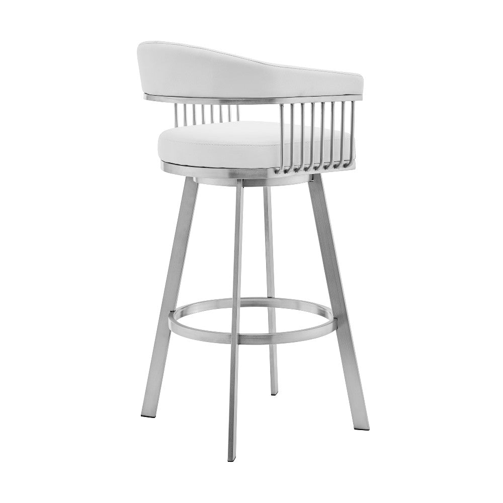 Swivel Barstool with Open Metal Frame and Slatted Arms, White and Silver - BM270144