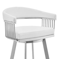 Swivel Barstool with Open Metal Frame and Slatted Arms, White and Silver - BM270144