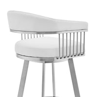 Swivel Barstool with Open Metal Frame and Slatted Arms, White and Silver - BM270144