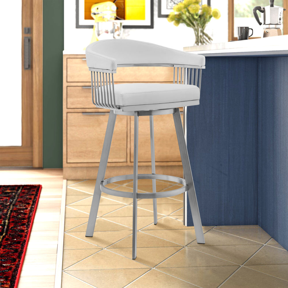 Swivel Barstool with Open Metal Frame and Slatted Arms, White and Silver - BM270144