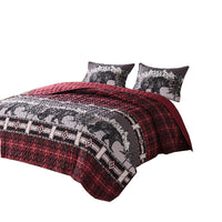 2 Piece Twin Quilt Set with Bear and Plaid Pattern, Gray and Red - BM270176