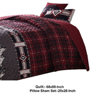 2 Piece Twin Quilt Set with Bear and Plaid Pattern, Gray and Red - BM270176