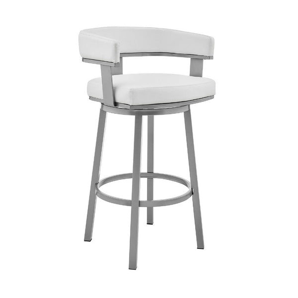 Swivel Barstool with Curved Open Back and Metal Legs, Silver and White - BM271151