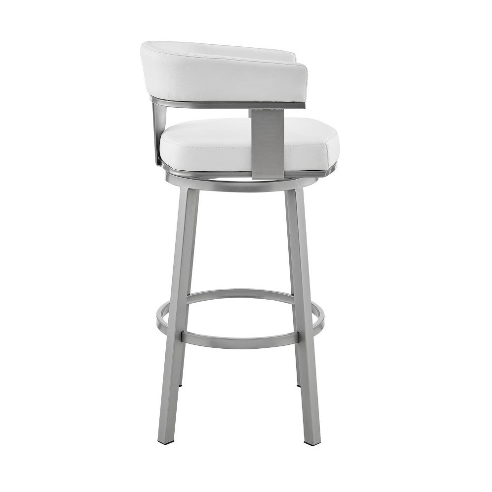 Swivel Barstool with Curved Open Back and Metal Legs, Silver and White - BM271151