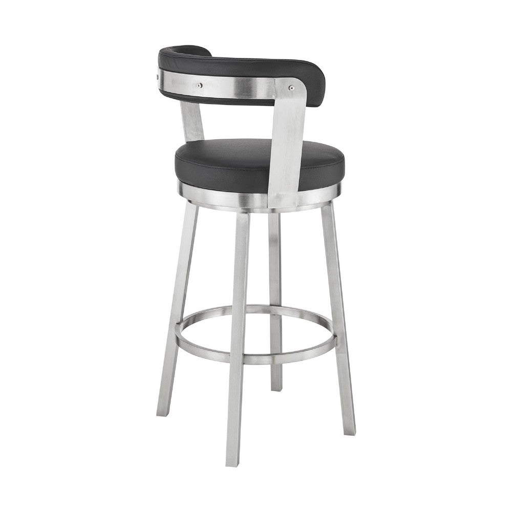 Swivel Counter Barstool with Curved Open Back and Metal Legs, Black and Silver - BM271156