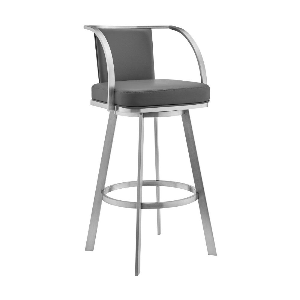 Swivel Barstool with Open Curved Metal Frame Arms, Gray and Silver - BM271168