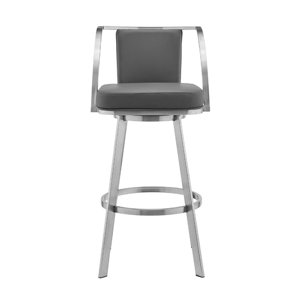 Swivel Barstool with Open Curved Metal Frame Arms, Gray and Silver - BM271168