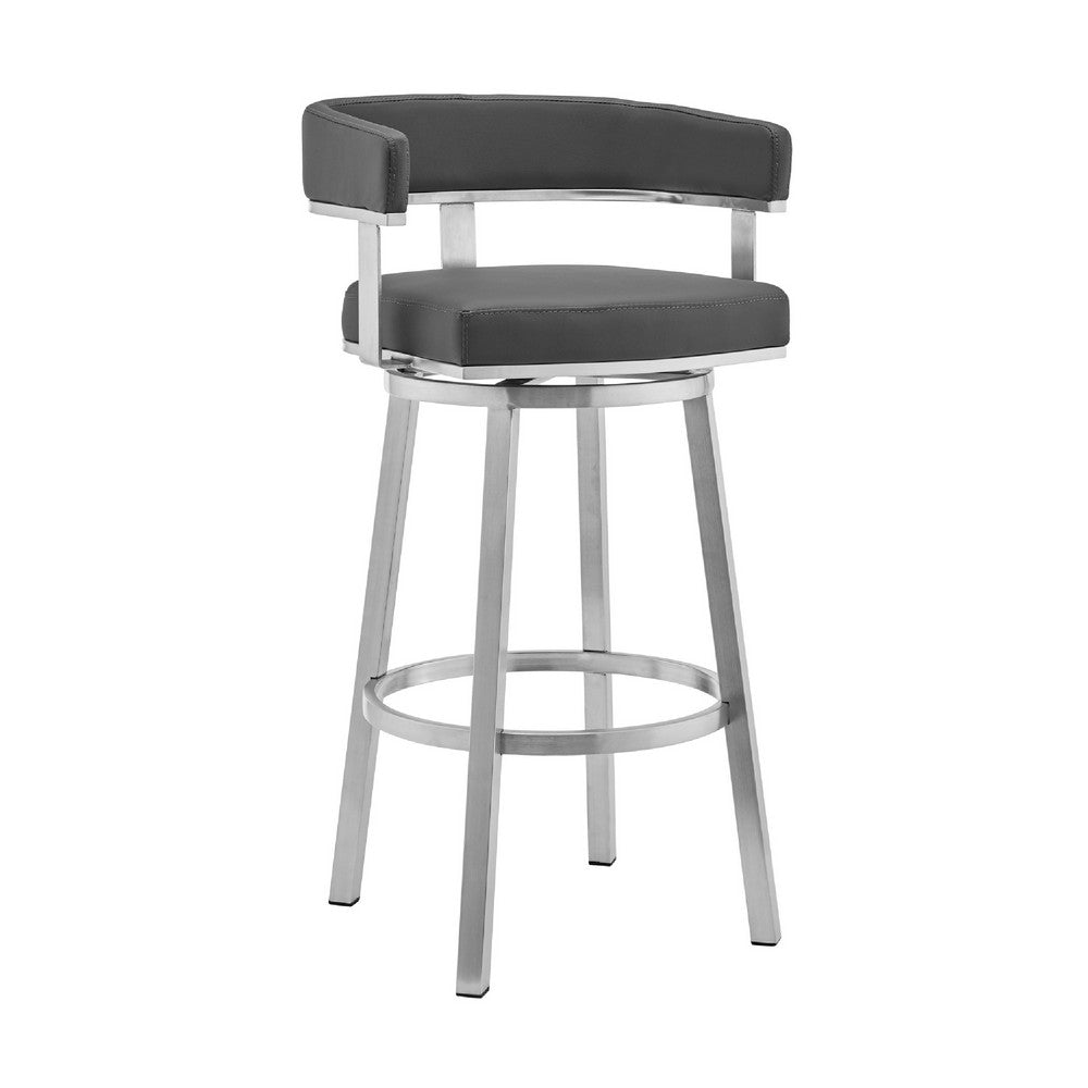 Swivel Barstool with Curved Open Back and Metal Frame, Gray and Silver - BM271174
