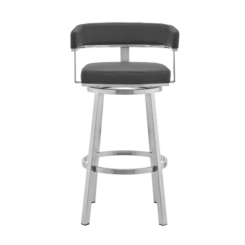 Swivel Barstool with Curved Open Back and Metal Frame, Gray and Silver - BM271174