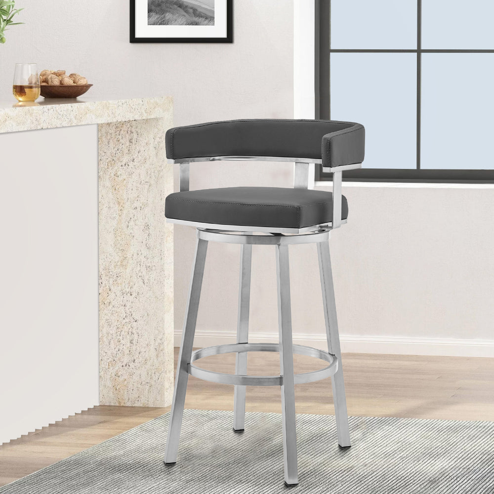 Swivel Barstool with Curved Open Back and Metal Frame, Gray and Silver - BM271174