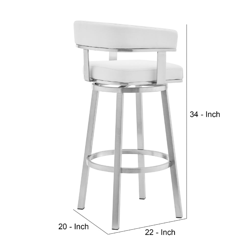 Swivel Barstool with Curved Open Back and Metal Legs, White and Silver - BM271176