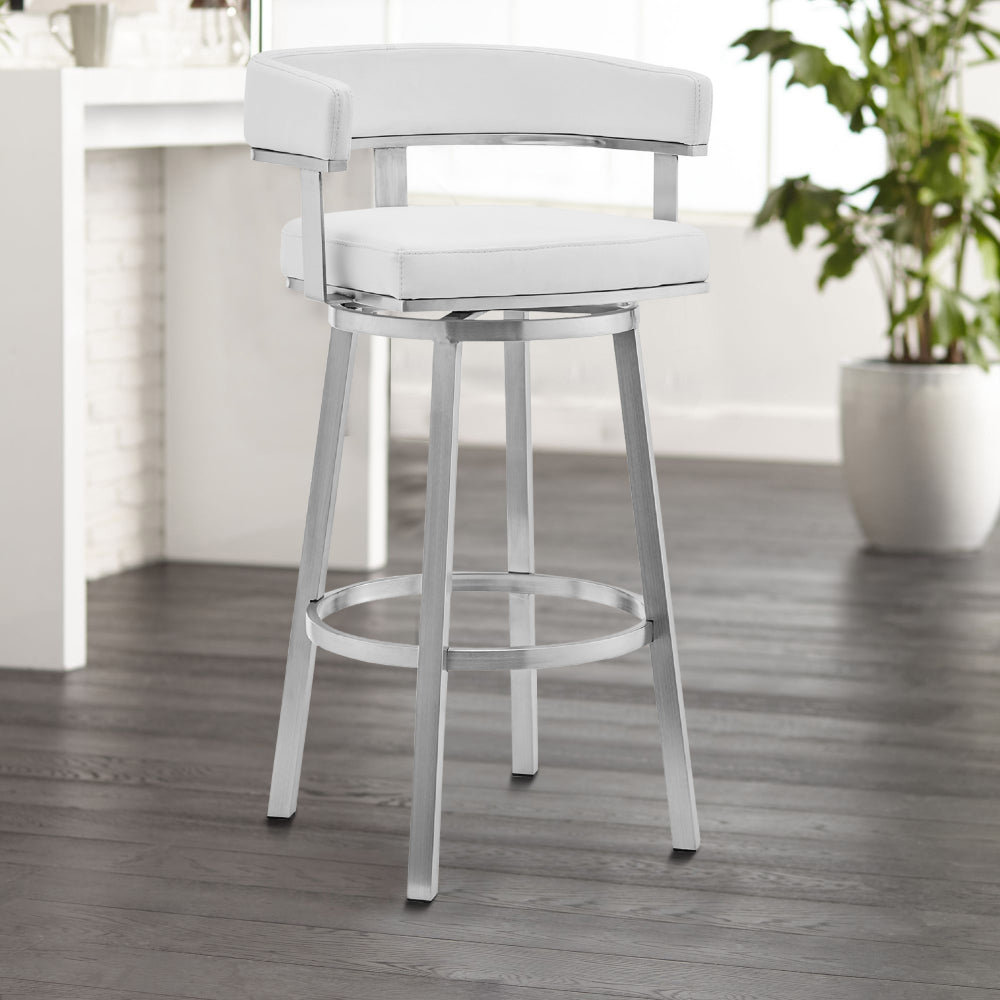 Swivel Barstool with Curved Open Back and Metal Legs, White and Silver - BM271176