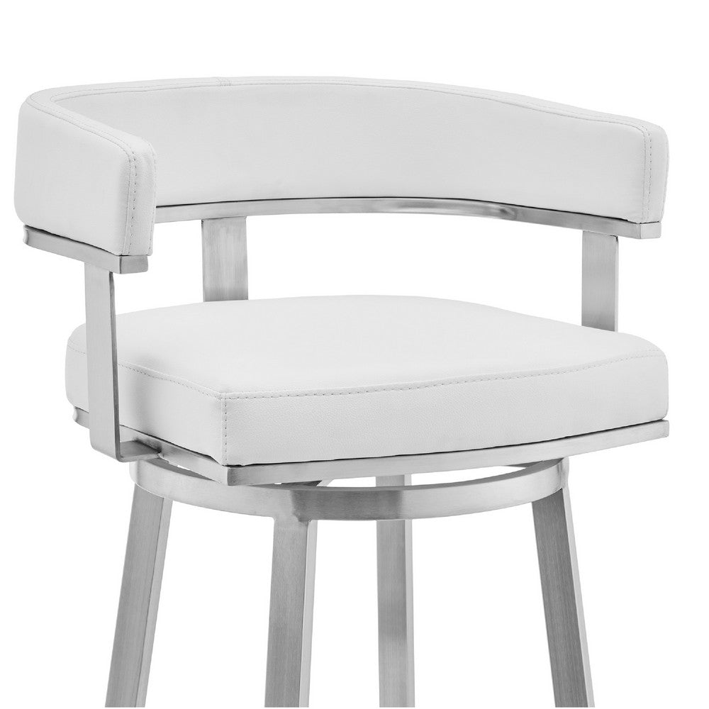 Swivel Barstool with Open Curved Back and Metal Legs, White and Silver - BM271177
