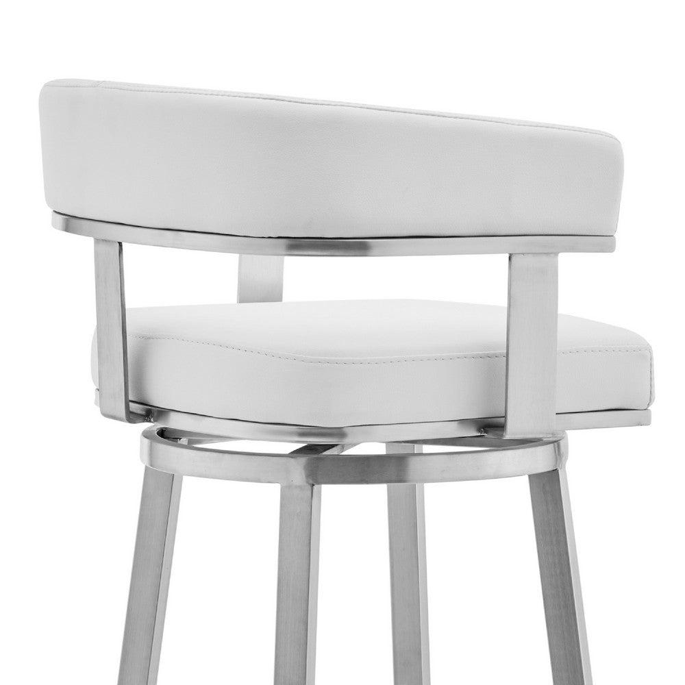 Swivel Barstool with Open Curved Back and Metal Legs, White and Silver - BM271177