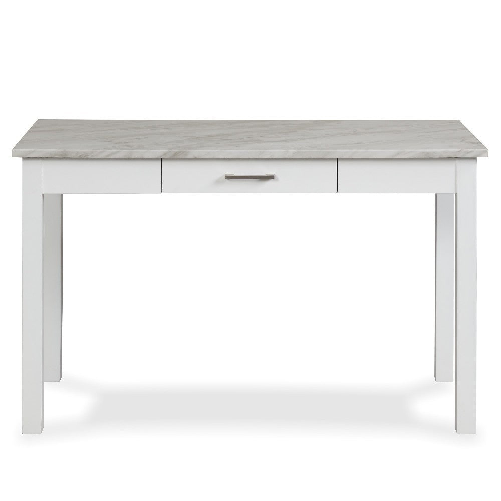 Jay 48 Inch Desk With Drawer and Faux Marble Top, White - BM272065