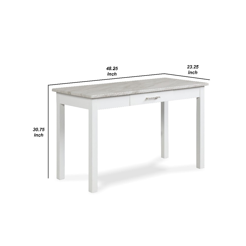 Jay 48 Inch Desk With Drawer and Faux Marble Top, White - BM272065