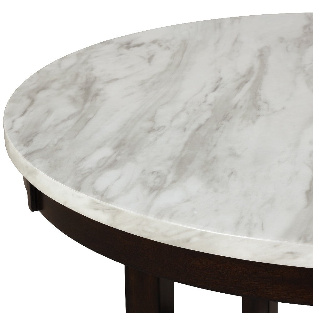 Kate 47 Inch Round Dining Table with Faux Marble Top, White and Brown - BM272103