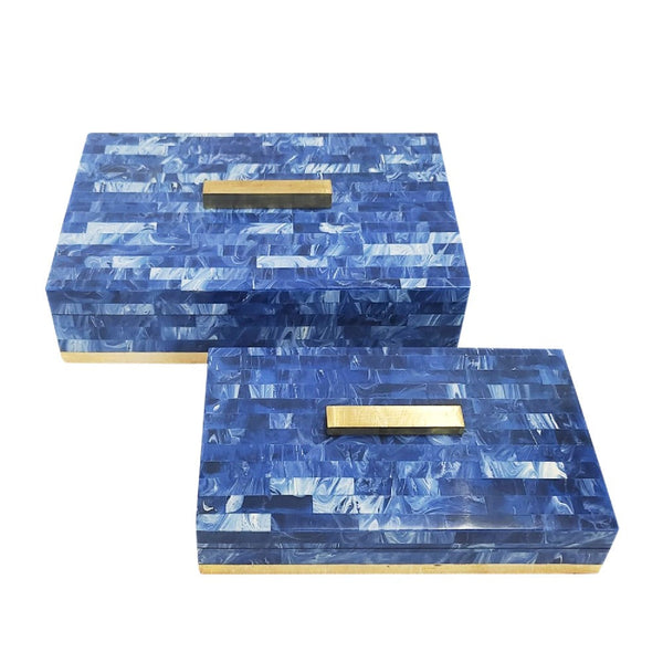Resin Storage Box with Geometric Pattern, Set of 2, Blue and Gold - BM272302