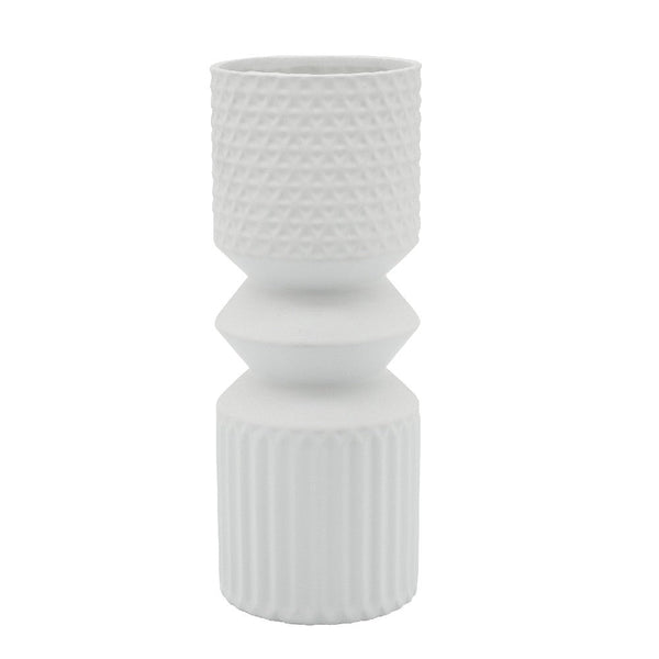 11 Inch Ceramic Vase with Pedestal Style and Ribbed Pattern, White - BM272306