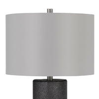 27 Inch Ceramic Table Lamp, Faux Leather Wrapped, Dimmer, Gray - BM272316