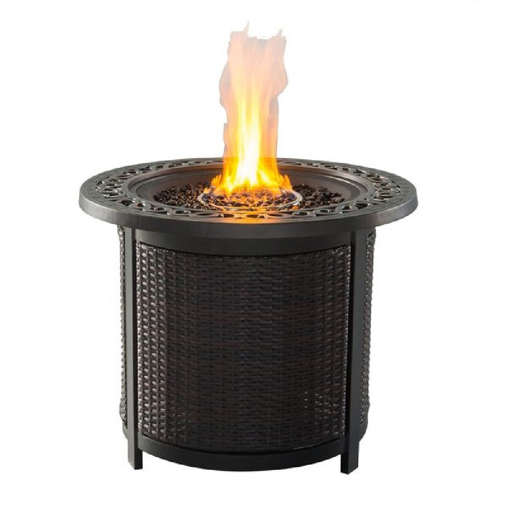30 Inch Round Aluminum Outdoor Gas Firepit Table, Wicker Base, Dark Bronze - BM272453