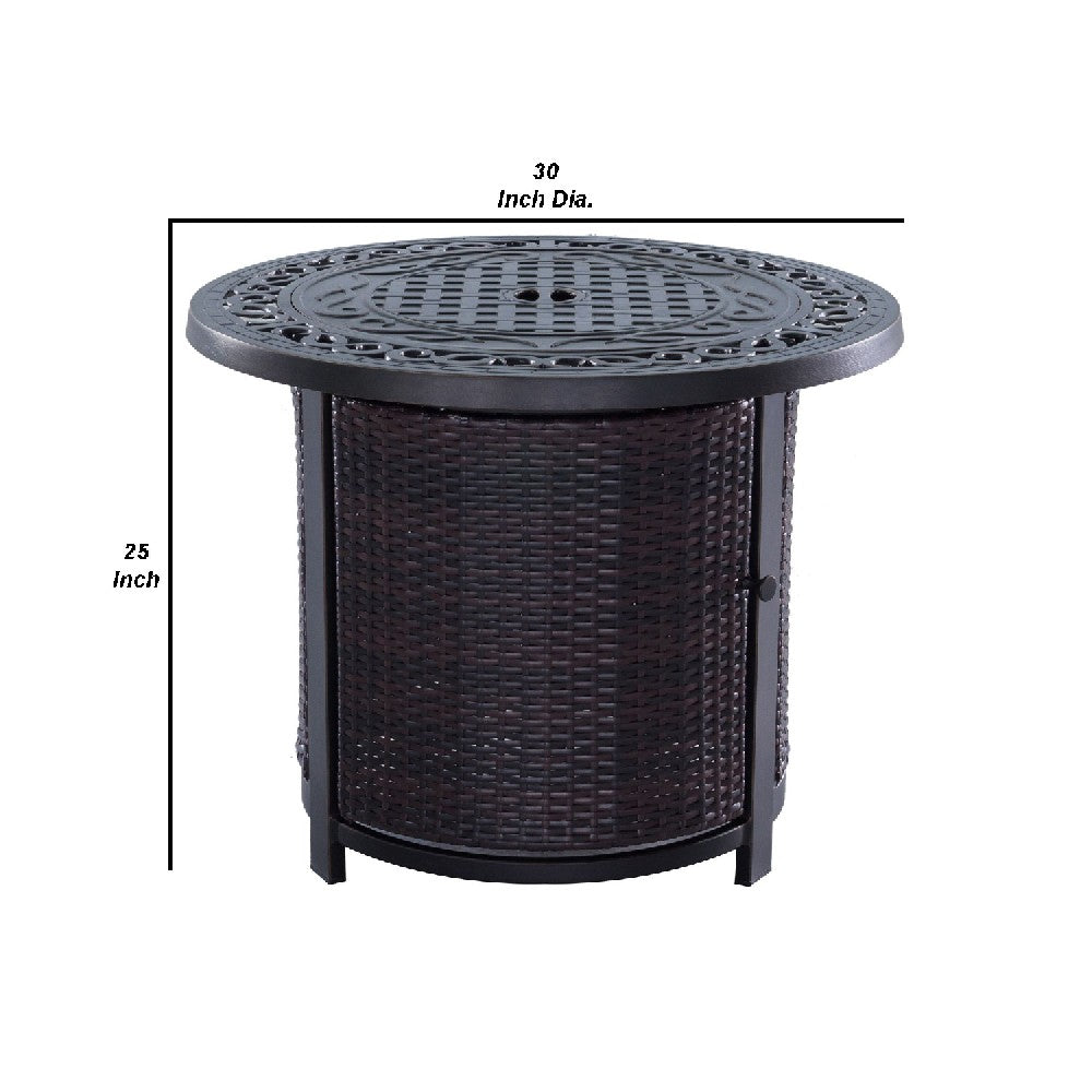 30 Inch Round Aluminum Outdoor Gas Firepit Table, Wicker Base, Dark Bronze - BM272453