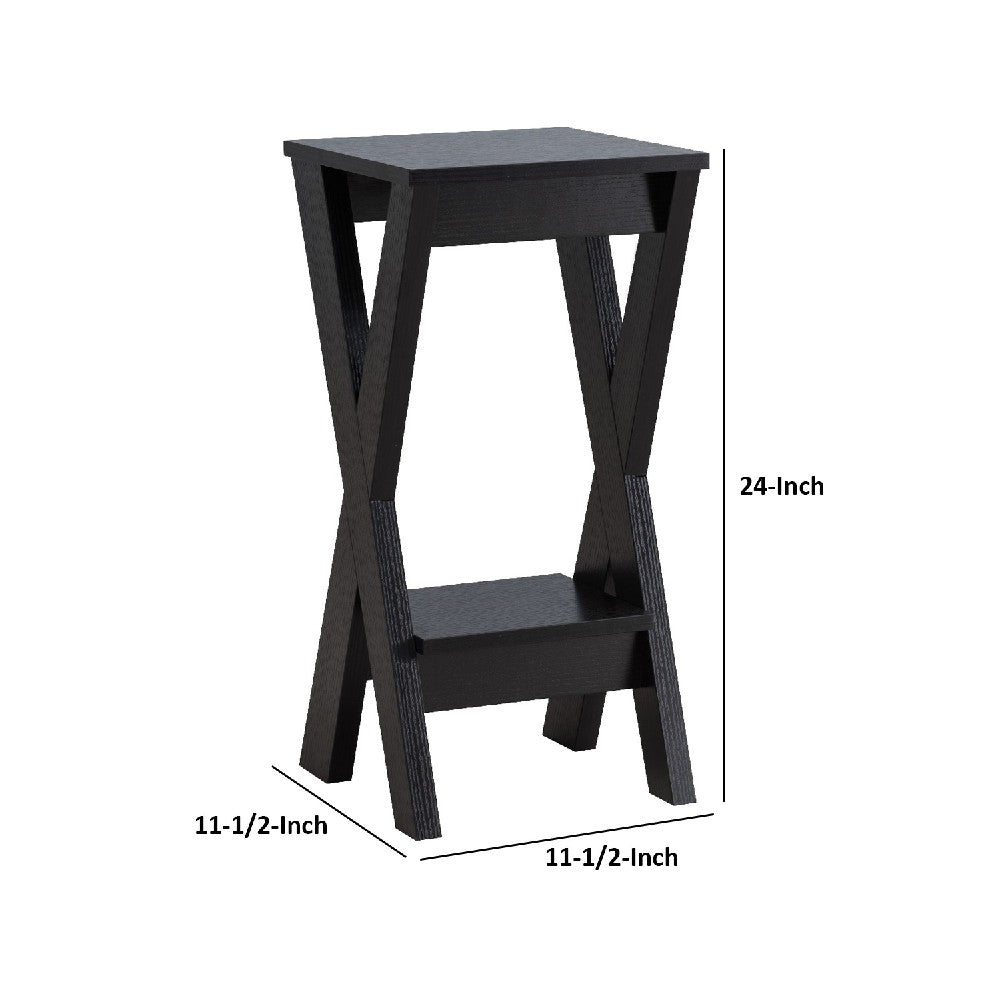 24 Inch Plant Stand with X Shaped Legs and Open Shelf, Small, Dark Brown - BM273010