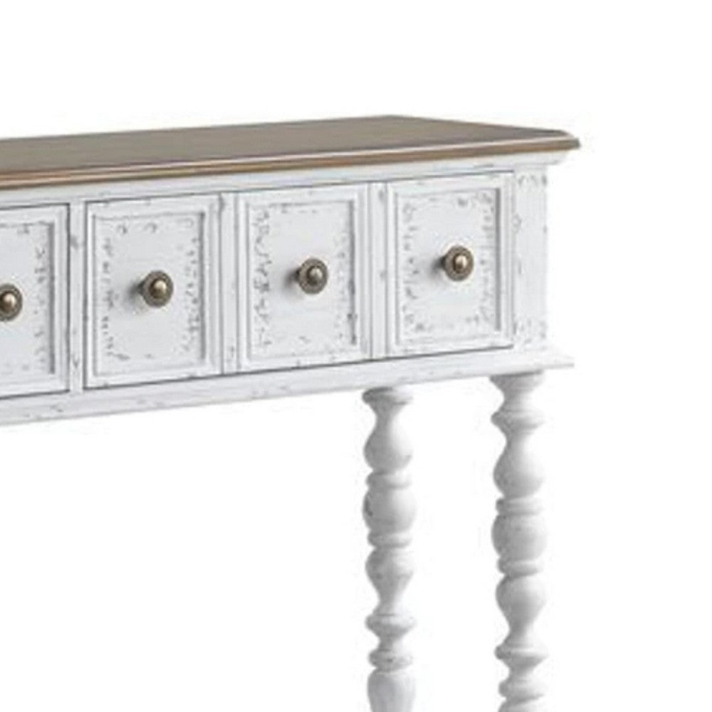 48 Inch 2 Drawer Console Table, Turned Legs, Distressed White - BM273237