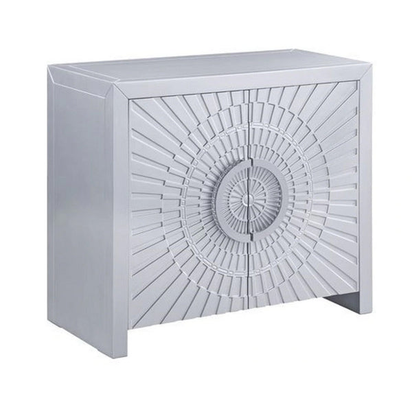 37 Inch 2 Door Wood Storage Cabinet Console Table, Sunburst Design, Silver - BM273239