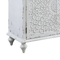 36 Inch Wood Console Buffet Cabinet, Carved Floral Pattern, Antique White - BM273243