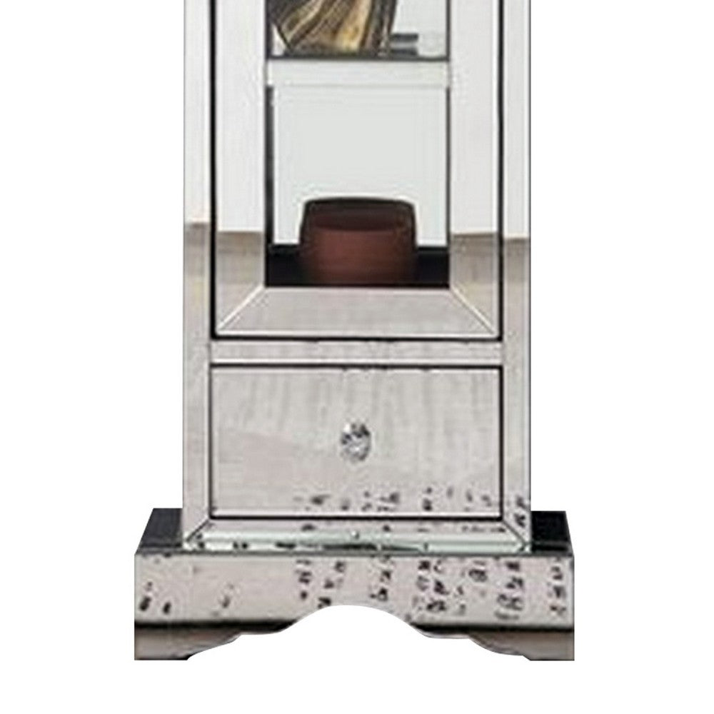 63 Inch Doe Mirrored Grandfather Clock, 3 Shelves, Ornate Design, Silver - BM273252