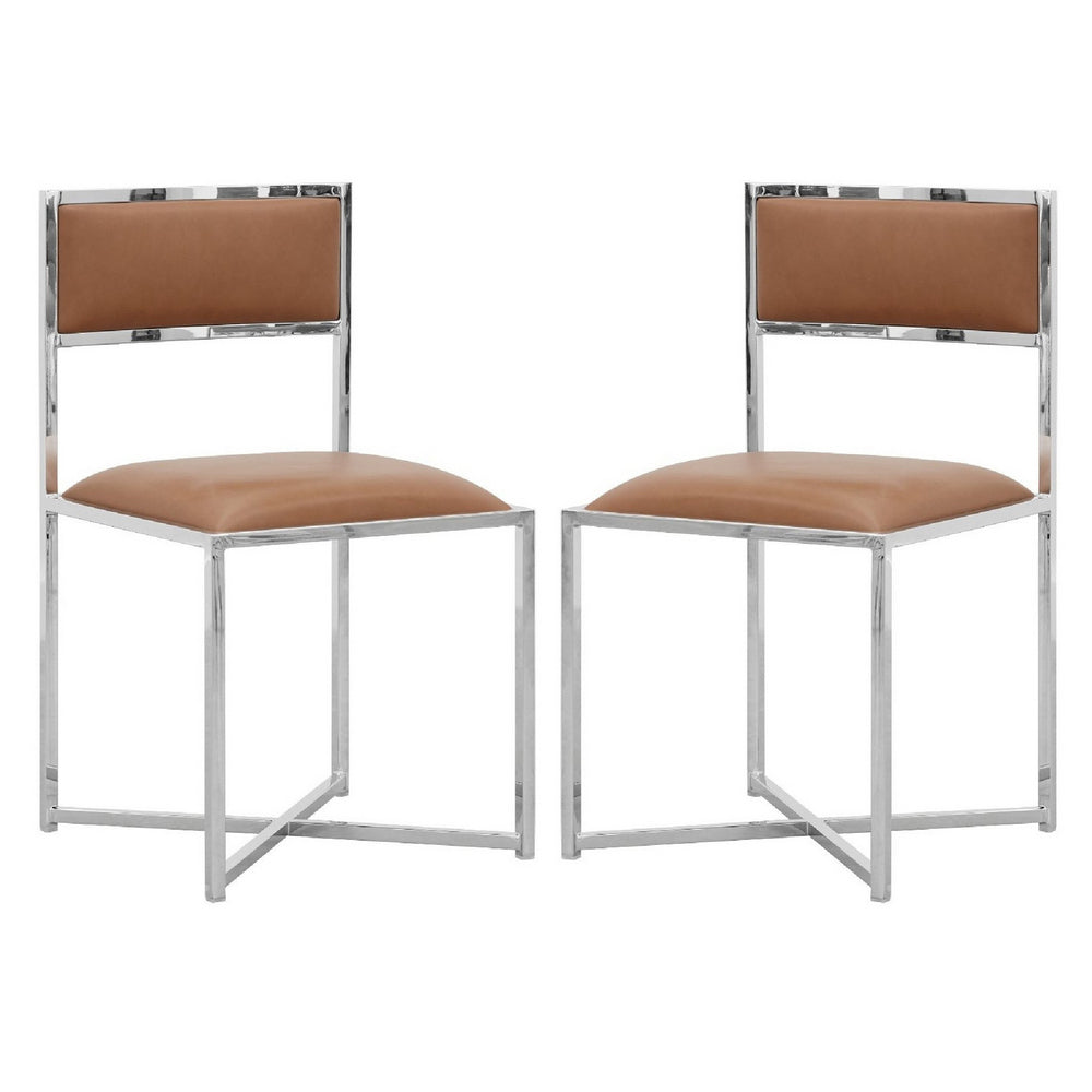 Eun 20 Inch Vegan Faux Leather Dining Chair, Chrome Base, Set of 2, Brown - BM273662