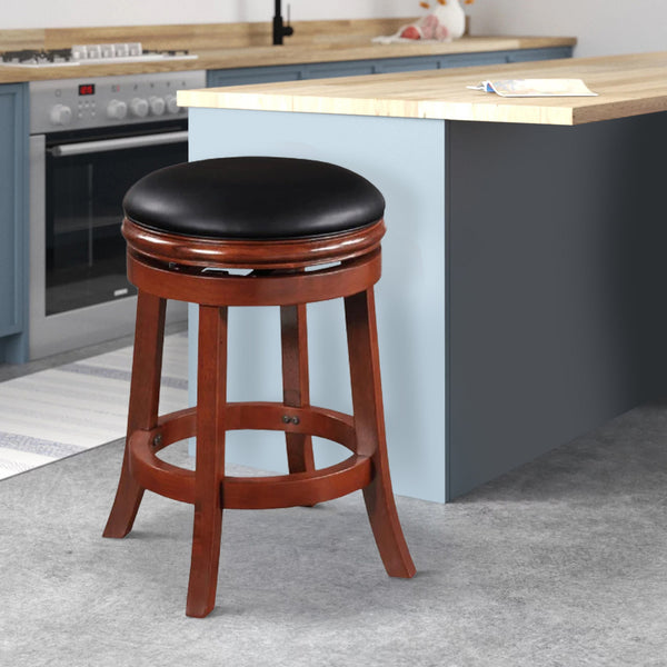 Sabi 24 inch Swivel Counter Stool, Solid Wood, Faux Leather, Brown, Black - BM274232