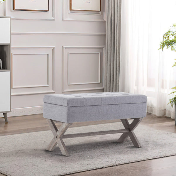 36 Inch Fabric Lift Top Storage Bench with Button Tufting, Gray - BM274259