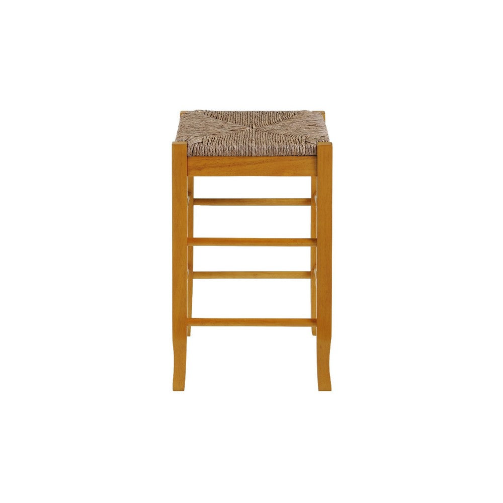 Chris 24 Inch Counter Stool with Wood Frame, Handwoven Rush Seat, Oak Brown - BM274265