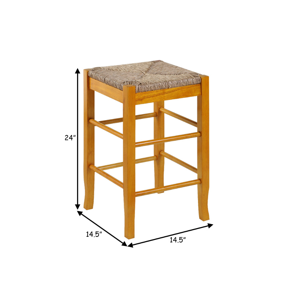 Chris 24 Inch Counter Stool with Wood Frame, Handwoven Rush Seat, Oak Brown - BM274265