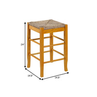 Chris 24 Inch Counter Stool with Wood Frame, Handwoven Rush Seat, Oak Brown - BM274265